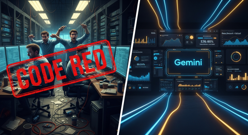 A split-panel image contrasting the chaos of OpenAI's "Code Red" with the sleek power of Google's Gemini. The left side shows panicked developers in a messy server room under a red "CODE RED" stamp, while the right side shows a clean, futuristic dashboard with glowing data visualizations for Gemini