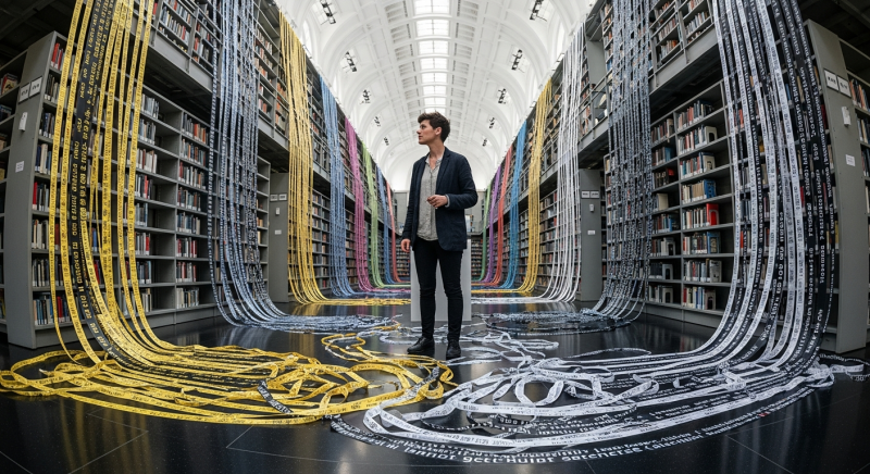 A person standing in a vast library hall surrounded by endless streams of paper tape cascading from the shelves, symbolizing the massive token consumption of an AI infinite loop.