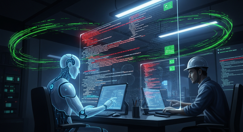 A futuristic digital security operations center with a glowing, humanoid robot AI agent and a human engineer working side-by-side, analyzing code on large transparent screens filled with red and green highlighted vulnerabilities. Cybernetic data streams swirl around them in a high-tech, moody setting.