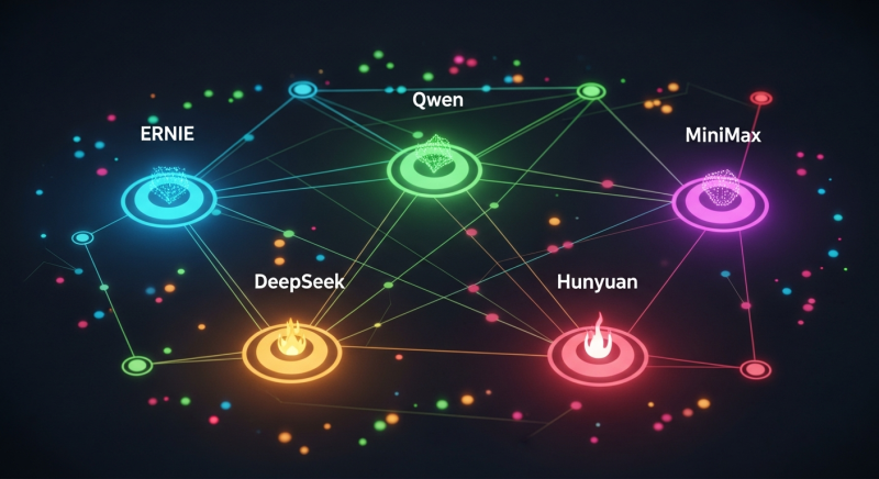 A futuristic network diagram showing five major Chinese AI models&mdash;ERNIE, Qwen, DeepSeek, Hunyuan, and MiniMax&mdash;as glowing circular nodes in blue, green, orange, red, and purple, interconnected by lines representing collaboration and competition in China's open-source AI ecosystem