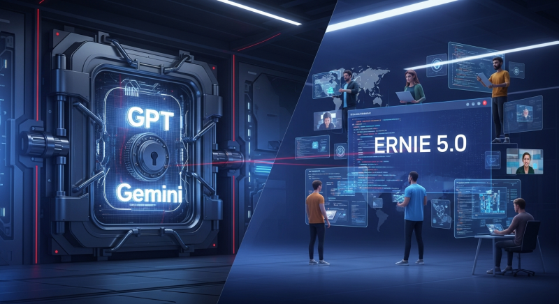 A dramatic split-screen illustration contrasting closed and open AI approaches: on the left, a secure vault with GPT and Gemini logos locked behind reinforced glass and metal security; on the right, an open collaborative workspace where diverse developers work with ERNIE 5.0 on transparent holographic screens and global connectivity displays.