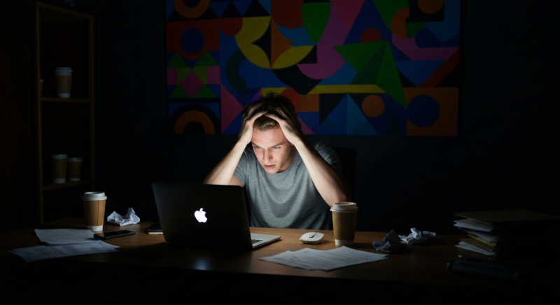 Stressed indie developer pulling hair out at laptop surrounded by crumpled papers and coffee cups, MacBook showing app code, representing vibe coding anxiety when security flaws emerge.